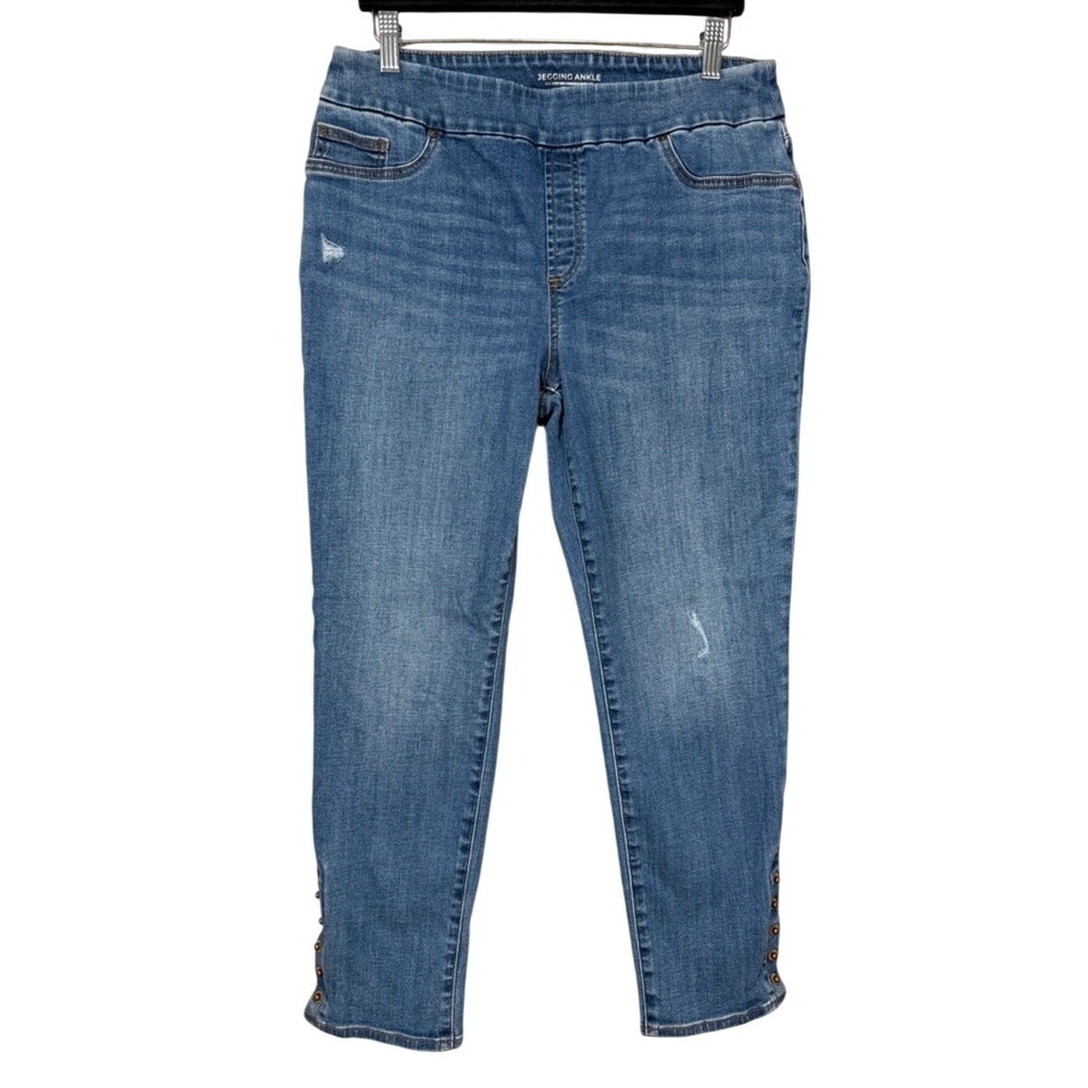 Chicos Womens Size 10R Blue Denim‎ Jegging Ankle Jeans Distressed Studded Detail